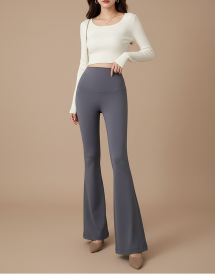 Pantalon Patte D'Éléphant Gris Taille Haute Fluide Confortable - Polyester