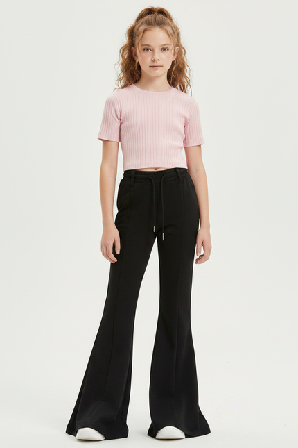 Pantalon Patte D'Éléphant Noir Évasé Taille Haute Cordon Enfant - Polyester