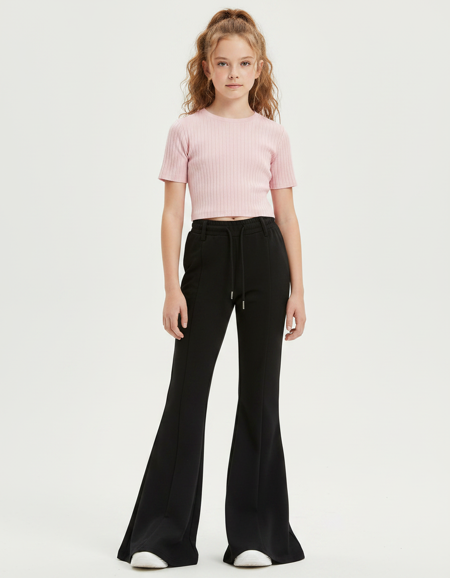 Pantalon Patte D'Éléphant Noir Évasé Taille Haute Cordon Enfant - Polyester