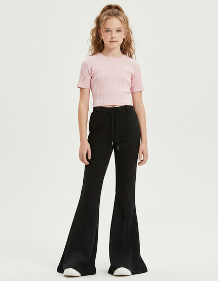 Pantalon Patte D'Éléphant Noir Évasé Taille Haute Cordon Enfant - Polyester