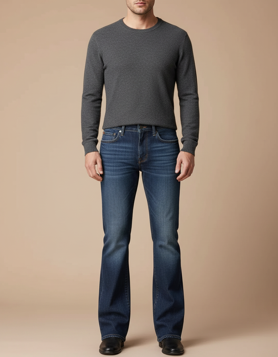 Pantalon Patte D'Éléphant Homme Jean Bleu Classique Évasé