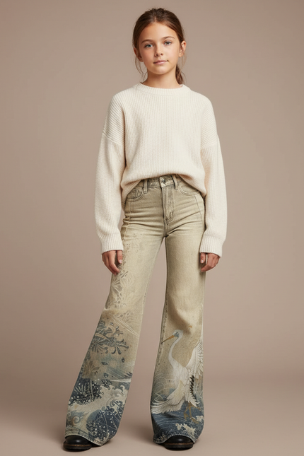 Pantalon Patte D'Éléphant Beige Imprimé Grue Taille Haute - Jean