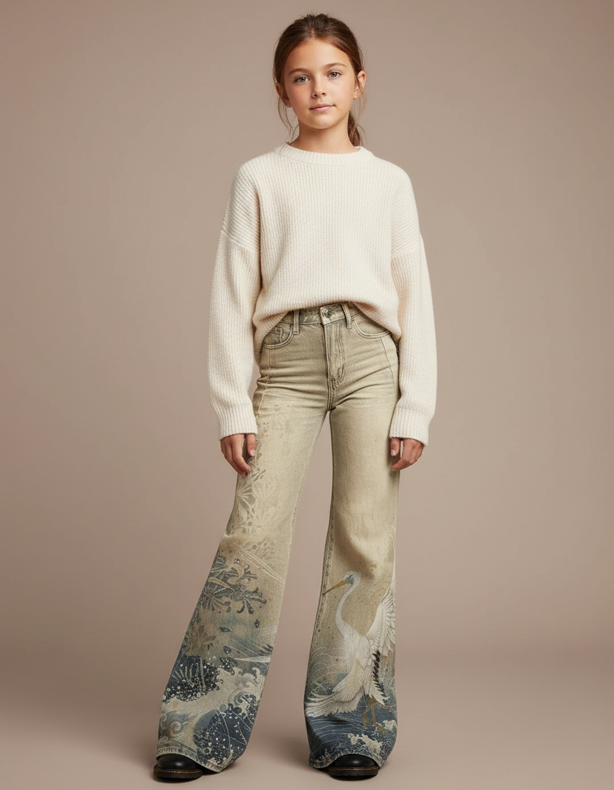 Pantalon Patte D'Éléphant Beige Imprimé Grue Taille Haute - Jean
