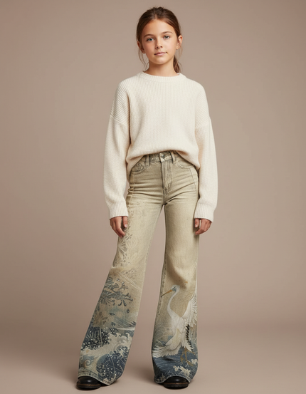 Pantalon Patte D'Éléphant Beige Imprimé Grue Taille Haute - Jean