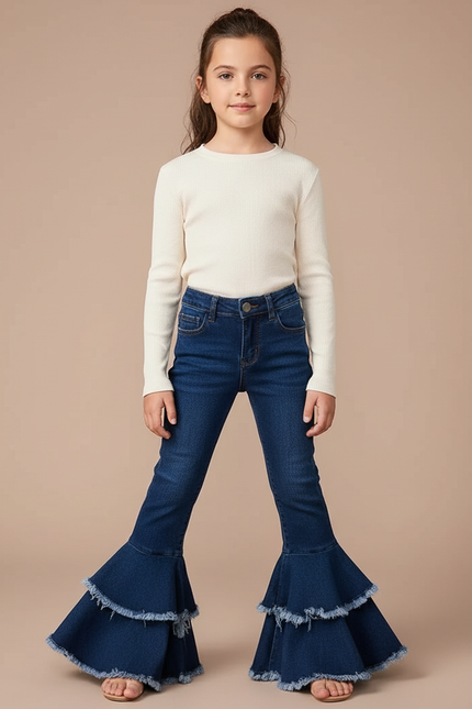 Pantalon Patte D'Éléphant Jean Bleu Volants Fille