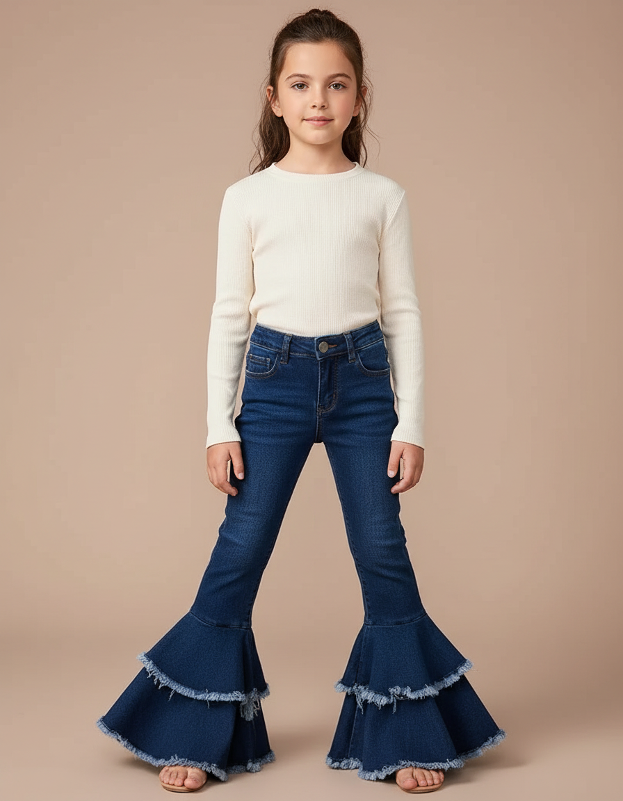 Pantalon Patte D'Éléphant Jean Bleu Volants Fille