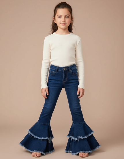 Pantalon Patte D'Éléphant Jean Bleu Volants Fille