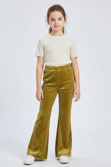 Pantalon Patte D'Éléphant Vert Côtelé Confortable Ample Fille - Cordé