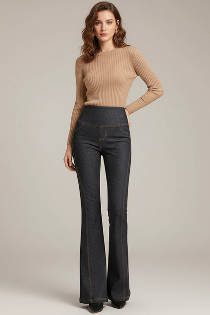 Pantalon Patte D'Éléphant Denim Taille Haute Évasé Élégant Femme - Marine Jean