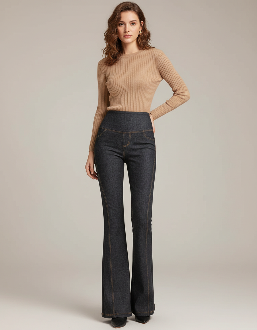 Pantalon Patte D'Éléphant Denim Taille Haute Évasé Élégant Femme - Marine Jean