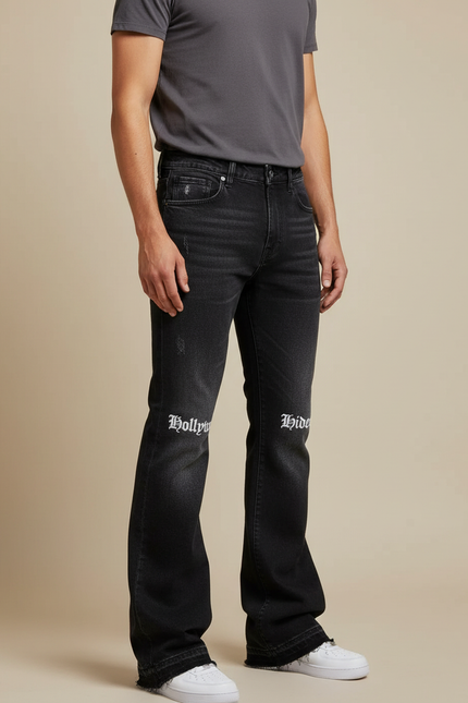 Pantalon Patte D'Éléphant Noir Délavé Imprimé Décontracté Homme - Jean