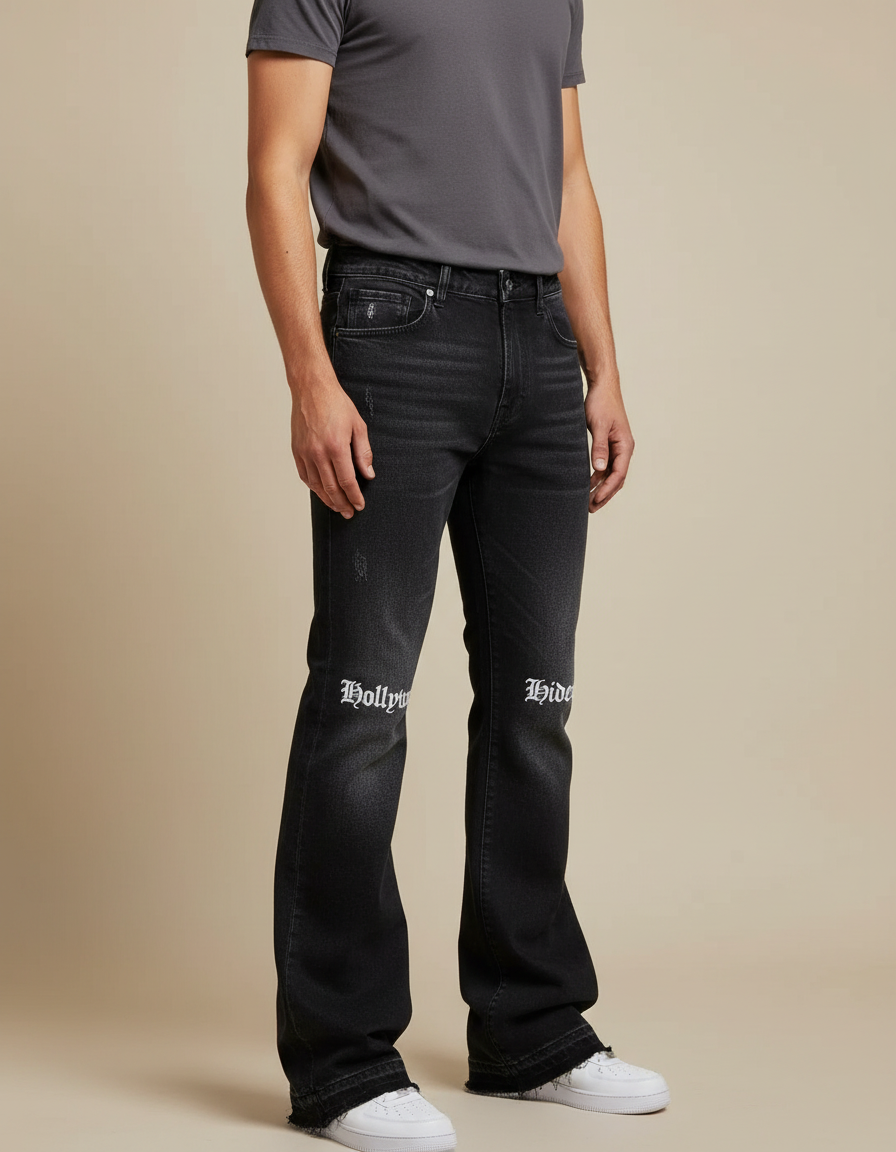 Pantalon Patte D'Éléphant Noir Délavé Imprimé Décontracté Homme - Jean