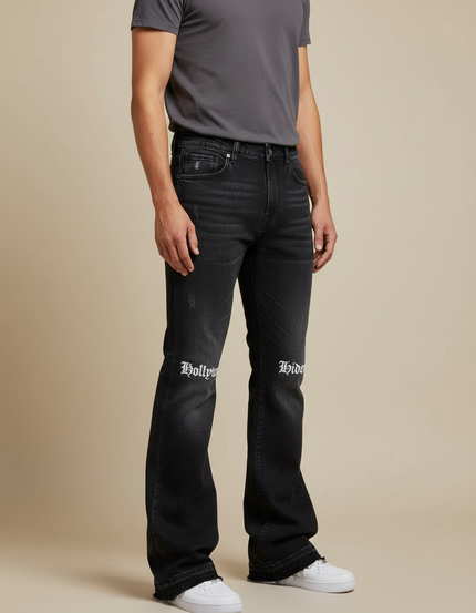 Pantalon Patte D'Éléphant Noir Délavé Imprimé Décontracté Homme - Jean