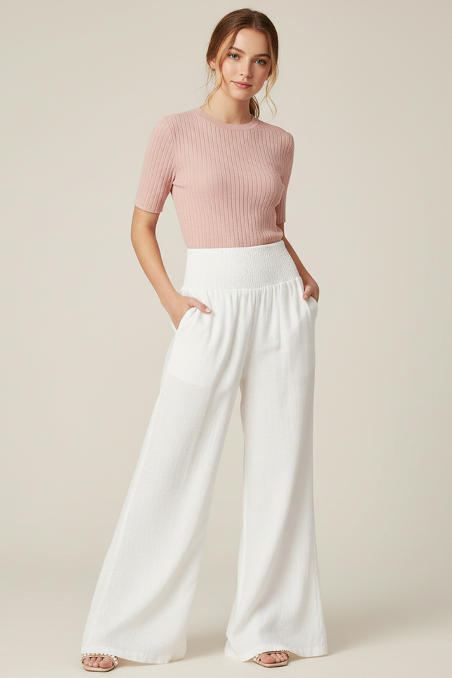 Pantalon Patte D'Éléphant Blanc Fluide Taille Smockée Élégant - Lin