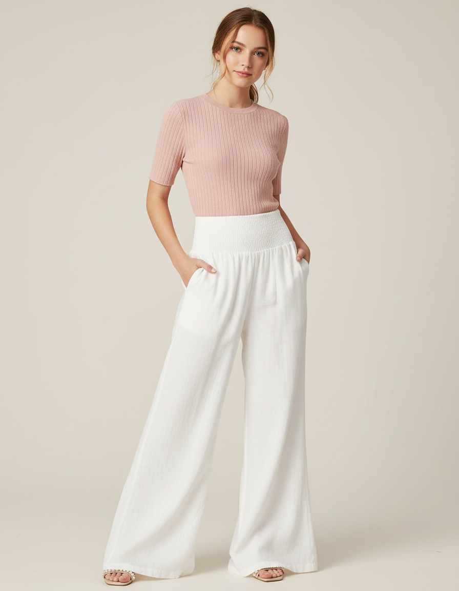 Pantalon Patte D'Éléphant Blanc Fluide Taille Smockée Élégant - Lin