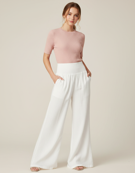 Pantalon Patte D'Éléphant Blanc Fluide Taille Smockée Élégant - Lin