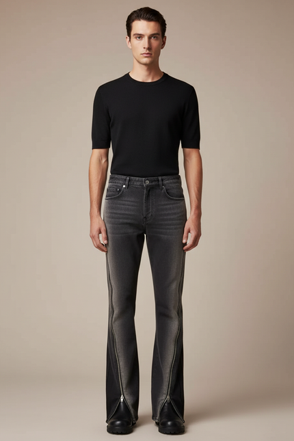 Pantalon Patte D'Éléphant Noir Déchiré Zippé Évasé Homme - Gris Jean