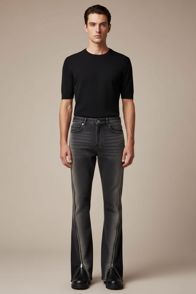 Pantalon Patte D'Éléphant Noir Déchiré Zippé Évasé Homme - Gris Jean