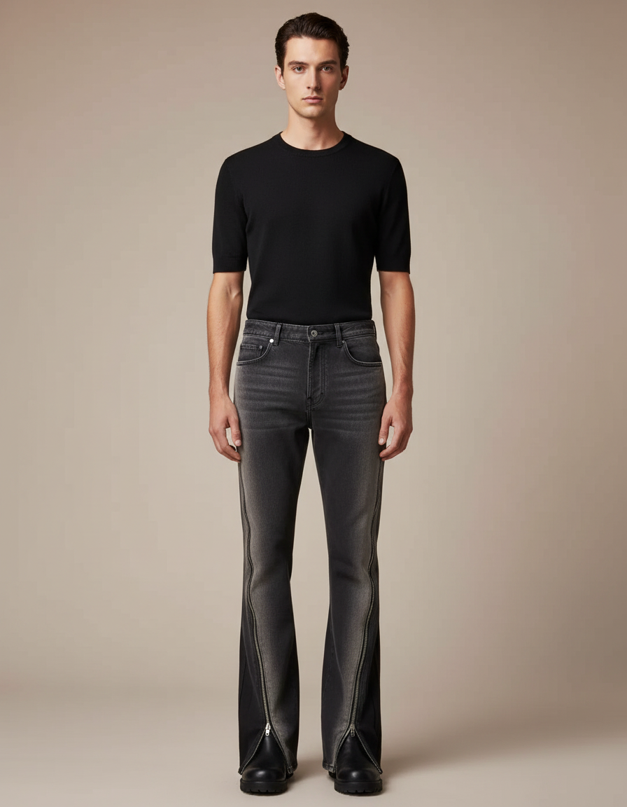 Pantalon Patte D'Éléphant Noir Déchiré Zippé Évasé Homme - Gris Jean