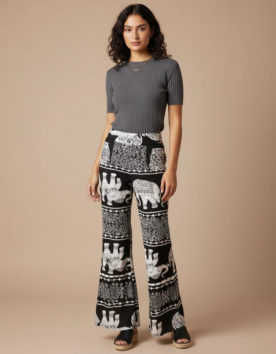 Pantalon Patte D'Éléphant Noir Évasé Motif Ethnique Fluide - Viscose