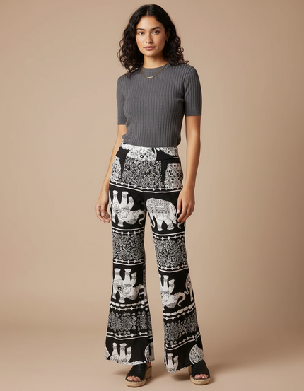 Pantalon Patte D'Éléphant Noir Évasé Motif Ethnique Fluide - Viscose