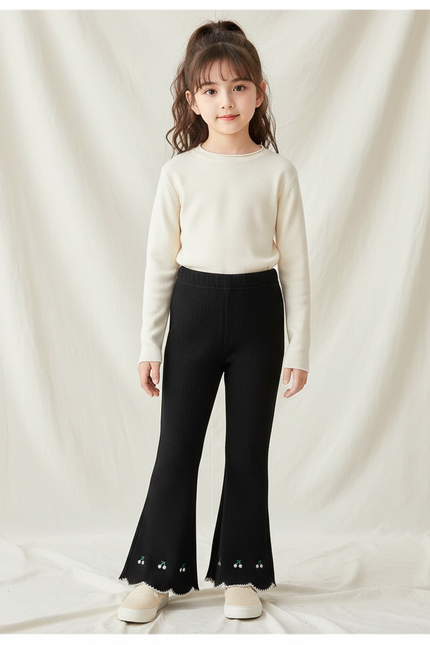 Pantalon Patte D'Éléphant Noir Côtelé Brodé Cerises Fille - Maille