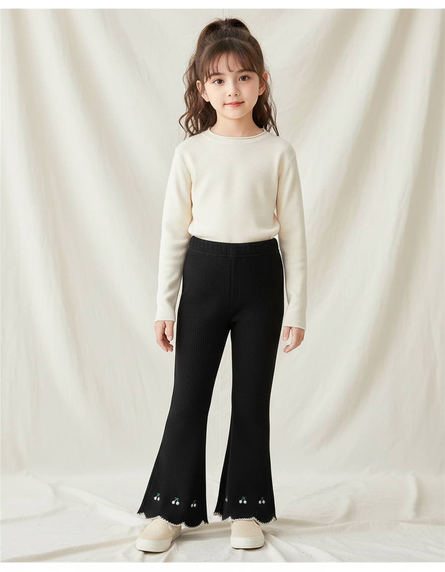 Pantalon Patte D'Éléphant Noir Côtelé Brodé Cerises Fille - Maille