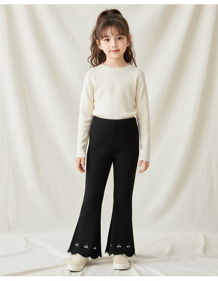Pantalon Patte D'Éléphant Noir Côtelé Brodé Cerises Fille - Maille