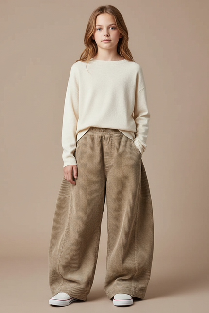 Pantalon Patte D'Éléphant Velours Côtelé Marron Ample Décontracté Enfant - Cordé