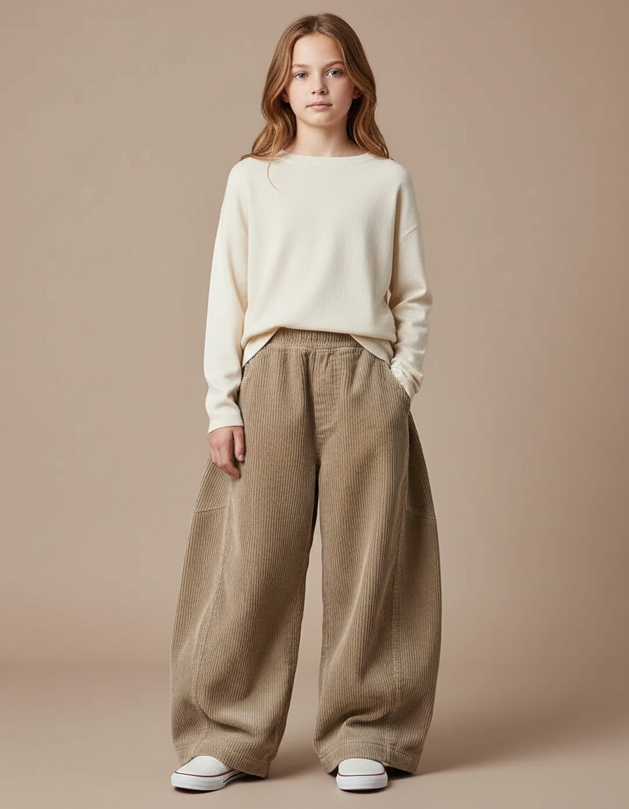 Pantalon Patte D'Éléphant Velours Côtelé Marron Ample Décontracté Enfant - Cordé
