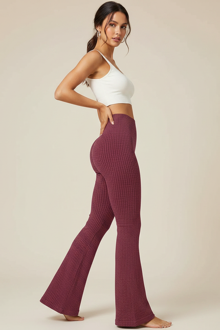 Pantalon Patte D'Éléphant Bordeaux Côtelé Tricoté Taille Haute - Maille