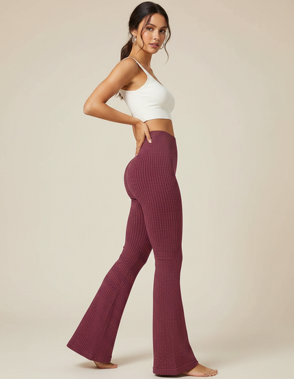 Pantalon Patte D'Éléphant Bordeaux Côtelé Tricoté Taille Haute - Maille