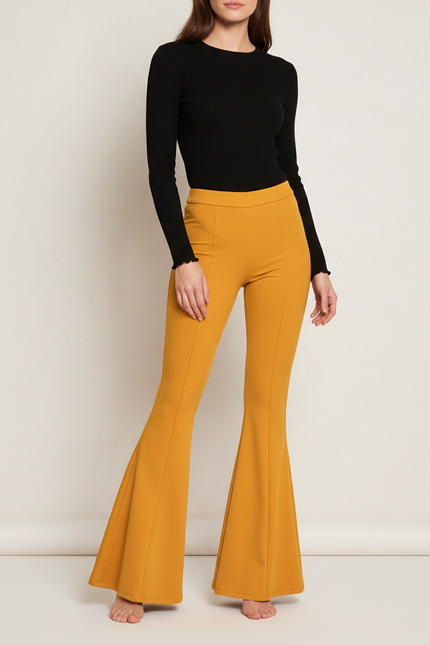 Pantalon Patte D'Éléphant Jaune Moutarde Coupe Évasée Fluide - Polyester