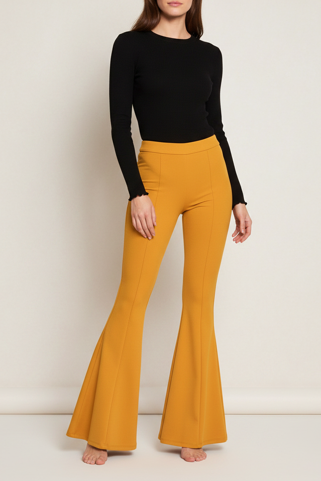 Pantalon Patte D'Éléphant Jaune Moutarde Coupe Évasée Fluide - Polyester