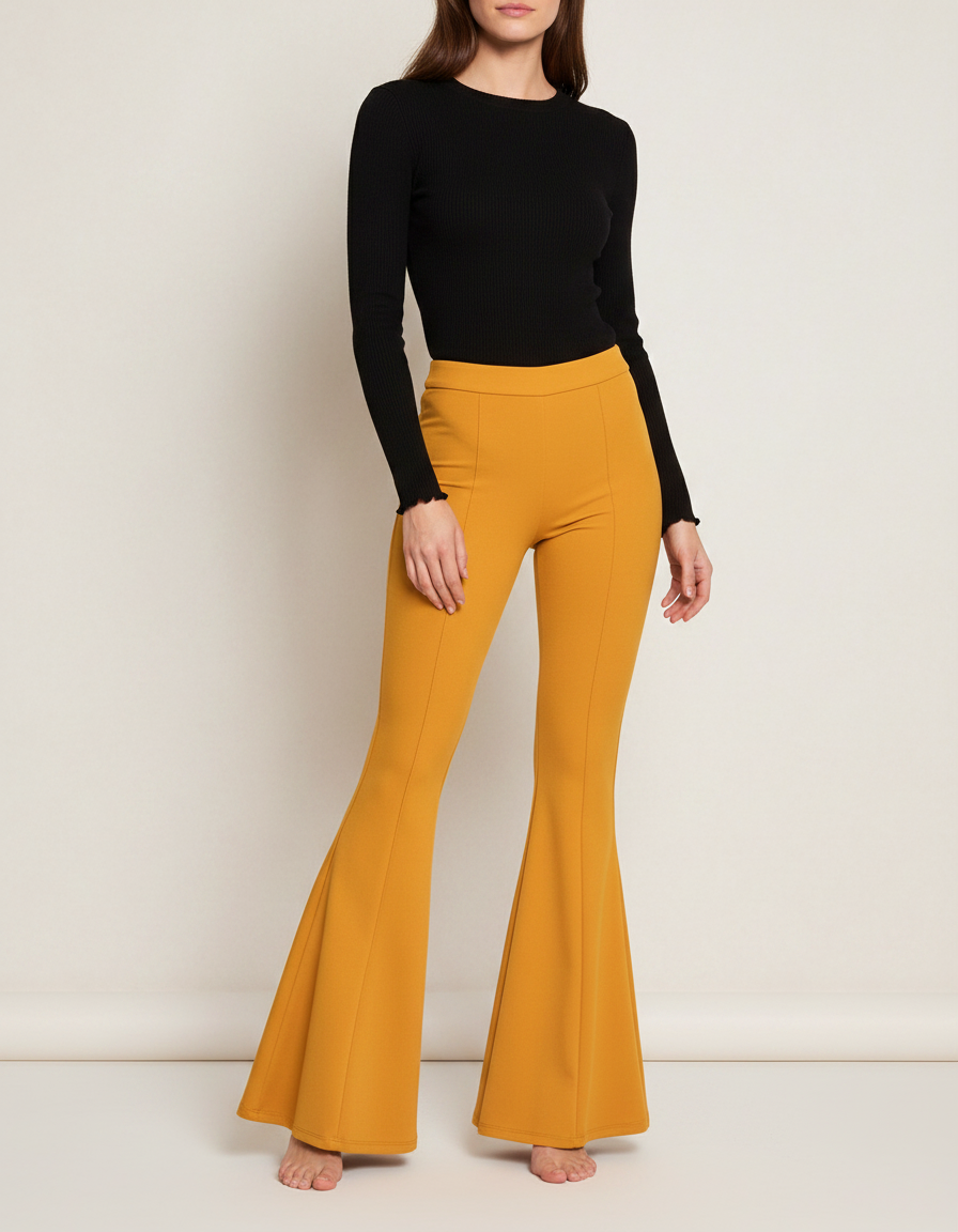 Pantalon Patte D'Éléphant Jaune Moutarde Coupe Évasée Fluide - Polyester