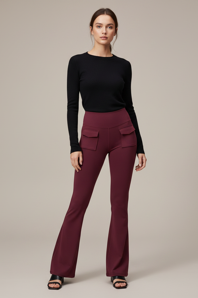 Pantalon Patte D'Éléphant Bordeaux Taille Haute Poches Évasé - Maille