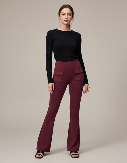 Pantalon Patte D'Éléphant Bordeaux Taille Haute Poches Évasé - Maille