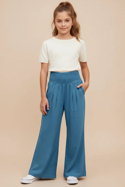 Pantalon Patte D'Éléphant Bleu Smocké Fluide Ample Fille - Viscose