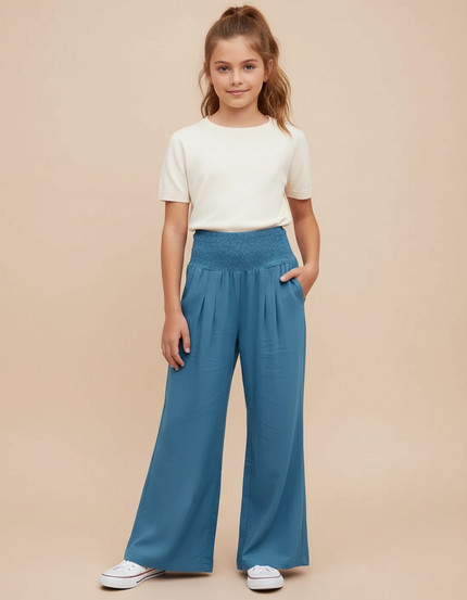 Pantalon Patte D'Éléphant Bleu Smocké Fluide Ample Fille - Viscose