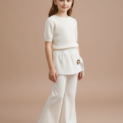 Pantalon Patte D'Éléphant Crème Côtelé Évasé Confortable Enfant - Blanc Maille