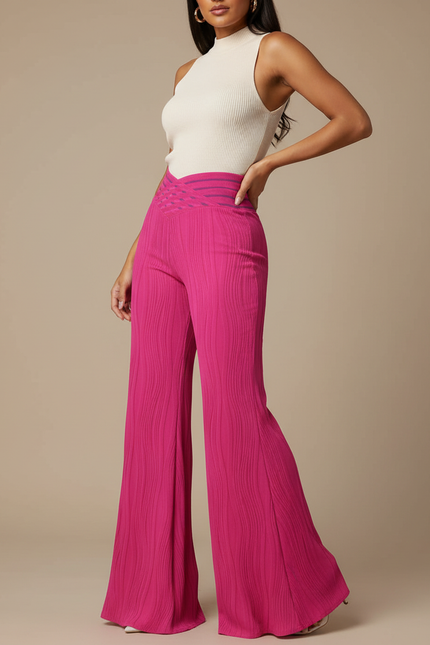 Pantalon Patte D'Éléphant Fuchsia Texturé Taille Haute Élégant - Rose Maille
