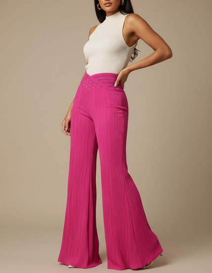 Pantalon Patte D'Éléphant Fuchsia Texturé Taille Haute Élégant - Rose Maille