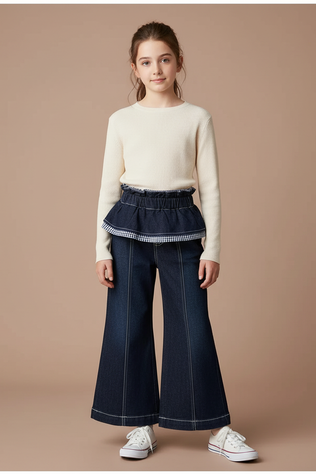 Pantalon Patte D'Éléphant Denim Foncé Évasé Fille Chic - Marine Jean