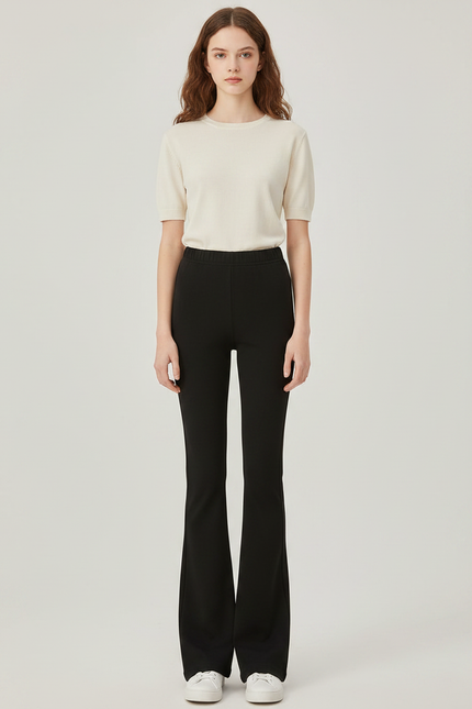 Pantalon Patte D'Éléphant Noir Évasé Taille Haute Classique - Polyester