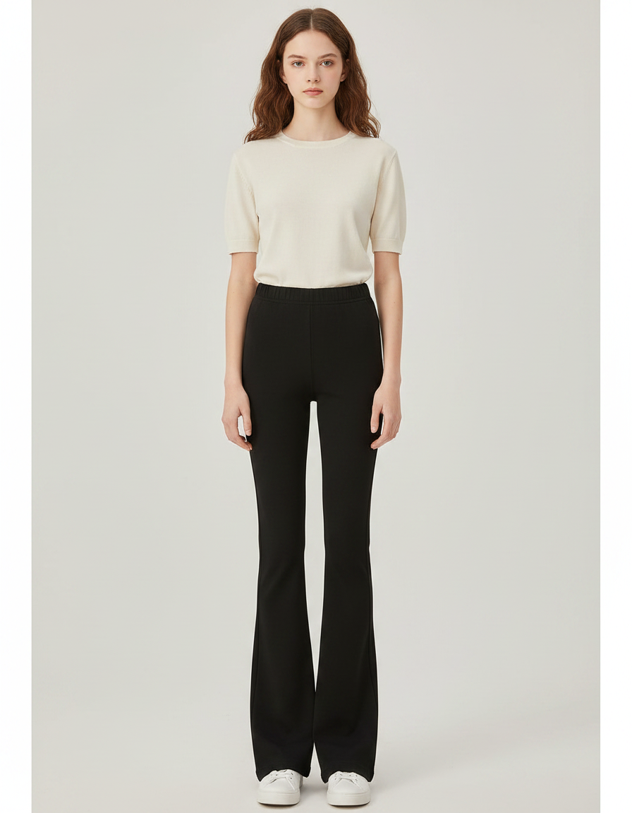 Pantalon Patte D'Éléphant Noir Évasé Taille Haute Classique - Polyester