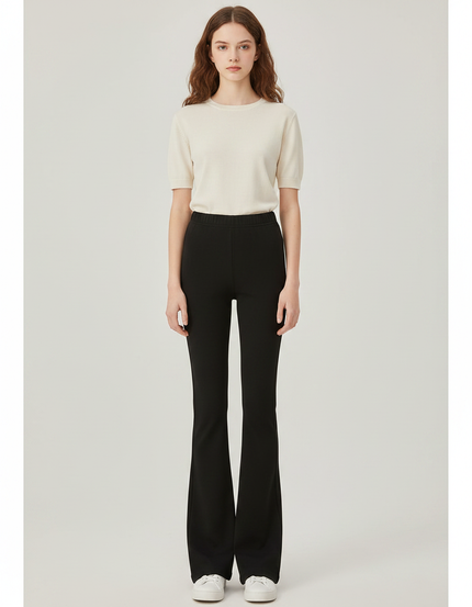 Pantalon Patte D'Éléphant Noir Évasé Taille Haute Classique - Polyester