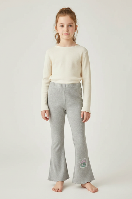 Pantalon Patte D'Éléphant Gris Côtelé Évasé Brodé Fille - Maille