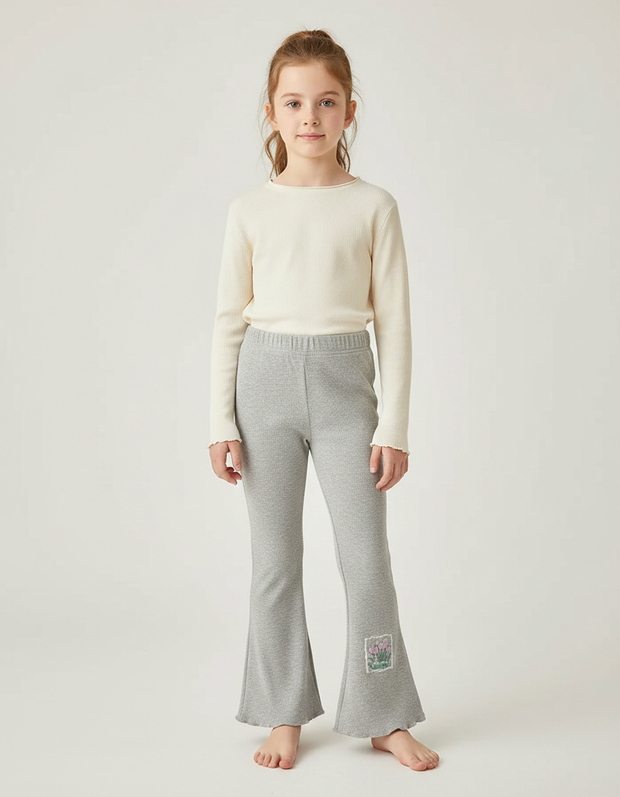 Pantalon Patte D'Éléphant Gris Côtelé Évasé Brodé Fille - Maille
