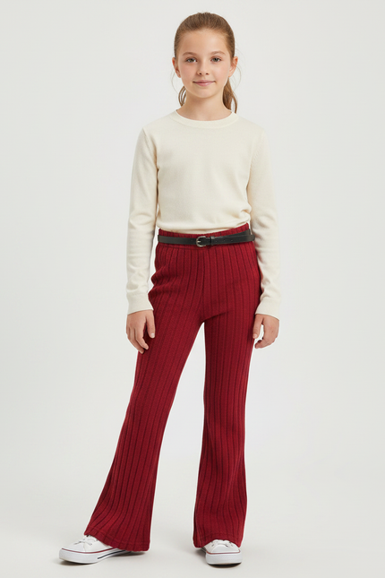 Pantalon Patte D'Éléphant Rouge Côtelé Tricoté Confortable Fille - Bordeaux Maille