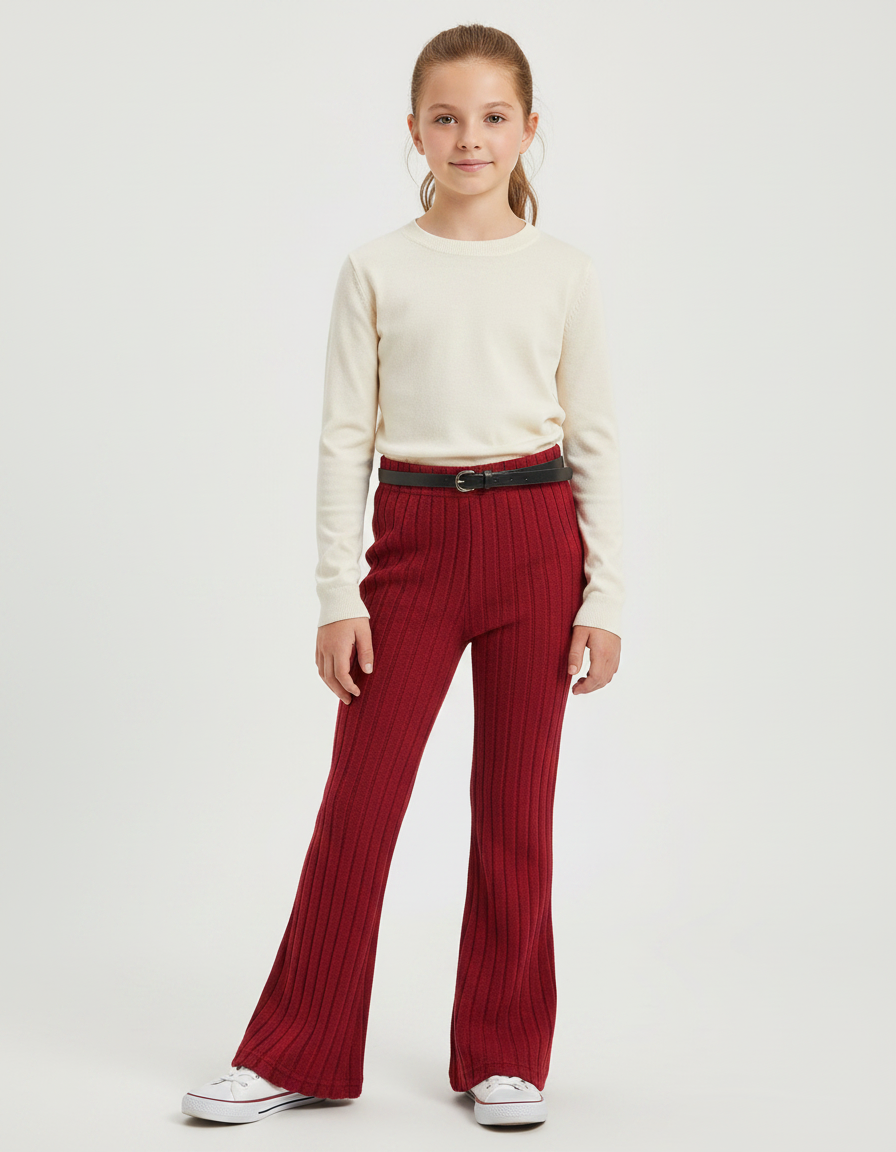 Pantalon Patte D'Éléphant Rouge Côtelé Tricoté Confortable Fille - Bordeaux Maille